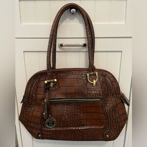 London Fog Brown Croc Embossed Satchel Tote Bag